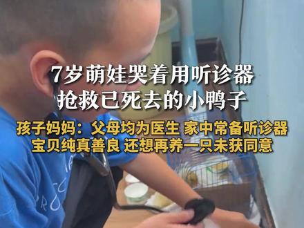 7岁萌娃哭着用听诊器抢救已死去的小鸭子 孩子妈妈:父母均为医生 家中常备听诊器 宝贝纯真善良 还想再养一只未获同意#萌娃 #宠物