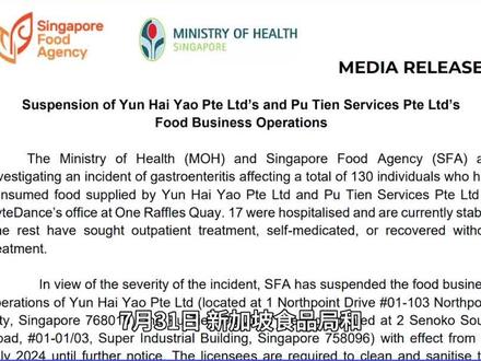 7月31日,新加坡食品局和新加坡卫生部发布公告称,其正在调查一起涉及130人的肠胃炎事件,这些人食用了云海肴私人有限公司和莆田服务私人有限公司,向字节跳动新加坡工区提供的食物。点击链接购买财新通会员,即可在财新网看更多内容。#字节跳动 #肠胃炎 #食堂 #云海 #莆田