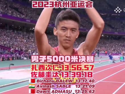 #田径 2023杭州亚运会田径比赛 男子5000米决赛
中国队扎西次仁上场参赛。
这场5000米开局出人意料的快,前三个一公里分段分别飙出2:38/2:40/2:45的高速,3000米用时8:03,相当于扎西次仁破室内3000米记录时的强度,随后扎西次仁降速自己跑,跑出个人第二好成绩13:56.57列第7位。
日本选手佐藤圭汰在跟跑了4500米后也被甩开,最后以13:39.18位列第6名。
成绩排名:
BRN Birhanu Yemataw BALEW 13:17.40
I N D Avinash Mukund SABLE 13:21.09
BRN Dawit Fikadu ADMASU 13:25.63
IN D Gulveer SINGH 13:29.93
QAT Mohamad ALGARNI 13:37.49
JPN SATOH Keita 13:39.18
CHN ZHAXICIREN 13:56.57
KSA Tariq Ahmed S ALAMRI 14:02.94
#亚运会田径比赛战况 #新一代田径人正在崛起