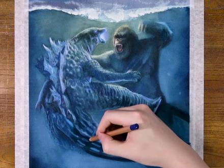 水彩手绘,哥斯拉大战水猴子