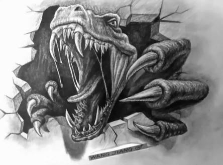 素描3D立体画视频教程之冲破墙壁的霸王龙#素描 #手绘 #画画 #艺术 #美术