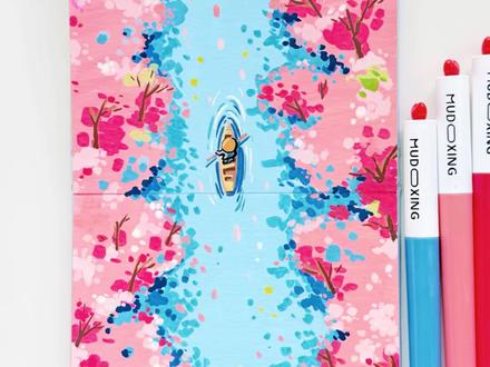 一篙春水,两岸桃花 撑一篙春水,赴一场春日浪漫#跟着抖音学画画 #艺术在抖音 #丙烯马克笔 #丙烯马克笔涂鸦 #马克笔绘画
