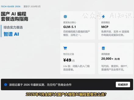 AI编程套餐怎么选?智谱 MiniMax Kimi等7大模型 深度对比智谱GLM-5.1、MiniMax及Kimi等2026最新套餐,涵盖独占模型、价格及避坑指南。#AI编程套餐 #国产大模型 #智谱AI #MiniMax #Kimi
