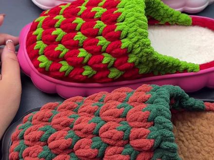 立体草莓🍓钩织拖鞋教程 立体草莓钩织拖鞋收边教程