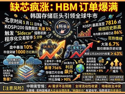 罕见熔断!韩股期货飙 5% 暂停交易,三星海力士创历史新高 北京时间 5 月 11 日早盘,韩国股市上演极端强势行情,KOSPI200 指数期货大涨 5% 触发 “Sidecar” 熔断机制,程序化交易暂停 5 分钟,为狂热情绪短暂降温。韩国综合指数(KOSPI)盘中最高涨至 7816 点,续创历史新高,年内累计涨幅已达86%。
本轮行情由半导体板块单方面引爆,两大存储巨头全线狂飙:SK 海力士盘中暴涨 10%,市值突破 1000 万亿韩元(约 4.62 万亿人民币);三星电子大涨 6.7%,两家公司股价均刷新历史纪录。数据显示,三星与 SK 海力士合计占 KOSPI 指数权重超43%,成为拉动大盘的绝对核心。
#HBM #内存 #固态 #三星 #海力士