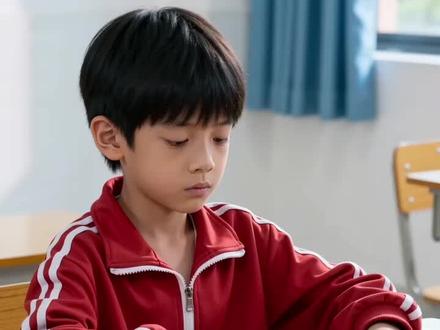 你帮我生成一个视频,一个身穿红色。校服的小男孩坐在桌子上,他上课闲来无事,拿出一把尺子,用力敲击桌子,结果桌子破了一个大洞,跑出了大量蜗牛,个头很大,然后校长跑来了,给了他一沓钱。说不要告诉别人。时长10秒钟