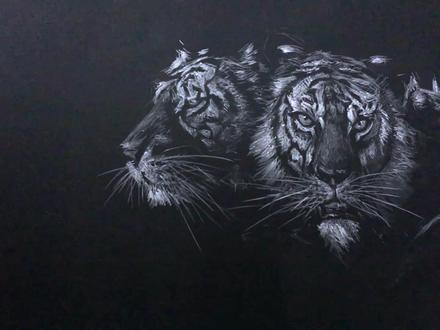 这个粉笔画绝了,三只老虎横着走,就是小虎队