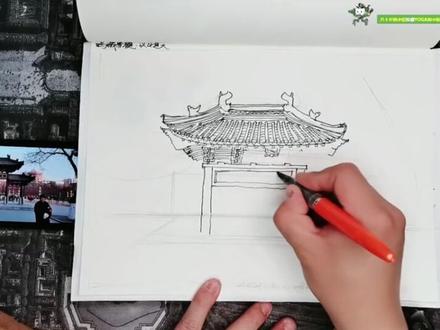 古建牌楼场景手绘步骤拆解