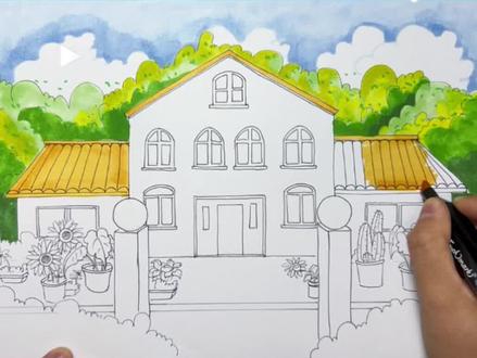 春天里的美丽校园#跟着抖音学画画 #绘画过程 #拥抱春天主题画 #风景画 #创意美术