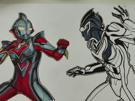 手绘奥特曼对战 #奈克赛斯奥特曼 #黑暗扎基奥特曼 #奥特曼对战 #马克笔上色 #奥特曼卡片