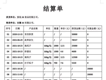 #结算单
#市场主体往来账,实际交易要结清。主体身份写明白,交易明细记清楚。已付欠付列分明,欠款支付商量好。盖章签字不遗忘,定分止争有保障。