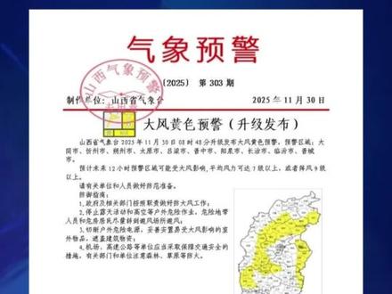 阵风9级以上!山西升级发布大风黄色预警#长治潞州区 #天气预报 #阵风9级以上 #注意 #大风黄色预警