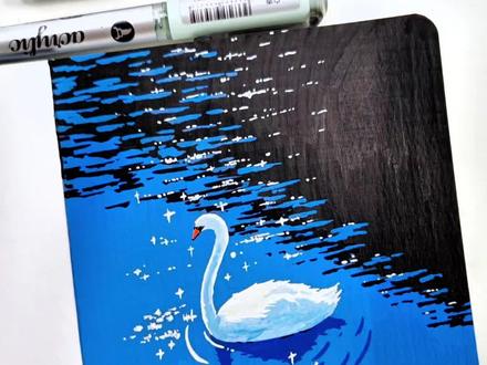 波光粼粼的湖里有只天鹅,教程来了#丙烯马克笔绘画大赏 #创作者中心 #创作灵感 #画画教程 #画画