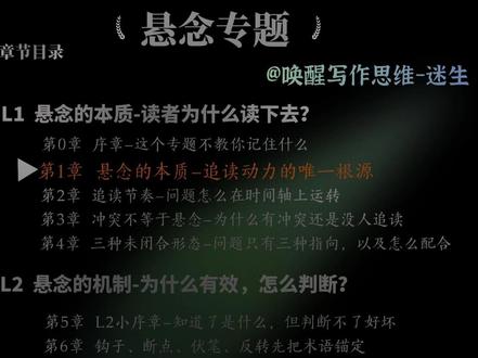 悬念的本质:追读动力的唯一根源 写小说时,真正让读者追下去的,
不是文笔,不是设定,也不只是冲突。
而是读者脑子里那个还没被回答的问题。
这期讲悬念的底层逻辑:
钩子、断点、伏笔,本质上都在制造“未闭合状态”。
对小说创作者来说,这期最大的价值不是学一个技巧,
而是学会判断:
什么能制造追读,什么只是看起来像悬念。#悬念 #网文小说创作 #小说灵感 #创作底层逻辑