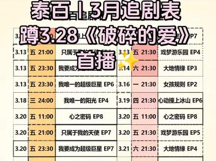 3月泰百追剧表|蹲3.28《破碎的爱》首播✨ 把3月在追的泰百更新时间记了一下,
期待28号的新剧开播。#泰百 #泰国百合剧 #泰剧百合 #GL #泰百女孩