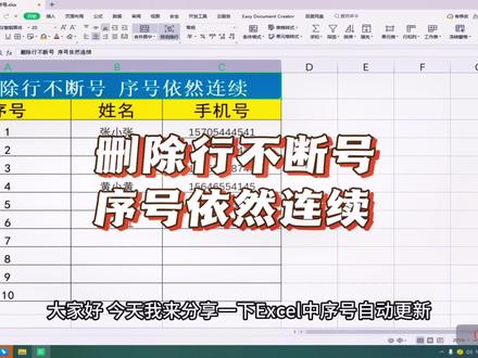 Excel中序号自动更新,删除行以后,序号不断号,序号如何实现自动更新,接下来,我们来看实际操作,在没有使用函数之前,当我们删除一行以后,序号就不连续了。如何解决这个问题,我们使用ROW( )函数,获取行号,因为第一行是标题,第二行是表头,所以ROW( )函数在A3单元格获取的值是3,需要使用函数ROW( )-2才能获取到正确的序号,获取到序号以后,使用右下角填充柄填充至最后,让序号连续编号,当删除其中一行,序号不断号,序号会自动更新,依然连续进行编号。#序号自动更新 #实用小技巧 #excel技巧 #wps #excel函数 @抖音小助手 @DOU+小助手 @@粉丝一千万