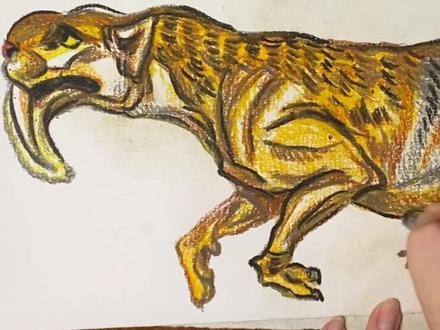 远古时代的秋天 简单的工具绘画剑齿虎 油画棒的用处#剑齿虎 #油画棒 #虎 #油画棒教程 #少儿美术教育