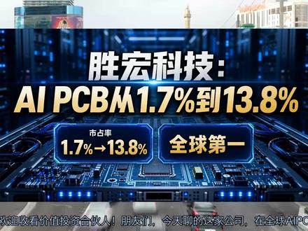胜宏科技:AI PCB全球第一,从1.7%到13.8% 一家中国PCB厂商,市占率从1.7%飙升到13.8%,拿下全球AI PCB第一。这背后是一个关键客户——英伟达,和一场产能扩张豪赌。本期我们用三个问题拆解:第一,胜宏凭什么两年吃掉全球一成多的AI PCB份额?第二,产能瓶颈怎么破,HK IPO能带来什么?第三,目标价上调到417元,21倍PE到底贵不贵?最新这组数据来自野村4月30日研报,一起来看。 #胜宏科技 #300476 #AI #PCB #NVIDIA