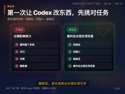 第一次用 Codex 写项目,跟着这 5 步走 同样让 Codex 加一个按钮 loading,有人 10 分钟搞定,有人折腾一下午还要回滚。差的不是 prompt,是 5 步顺序:先定位,再给方案,确认后修改,改完验证,最后查风险。 #Codex #AI编程 #程序员 #编程效率 #提示词工程