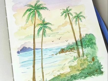 Day114|水彩风景|治愈系|海滩椰子树