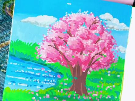 丙烯马克笔教程|一分钟学会画樱花树🌸#跟着抖音学画画 #丙烯马克笔 #画画其实很简单 #绘画教程 #真实生活分享计划