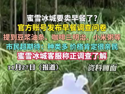 蜜雪冰城要卖早餐了?官方账号发布早餐调查问卷,提到豆浆油条、咖啡三明治、小米粥等,市民超期待:种类多,价格肯定很亲民,蜜雪冰城客服称正调查了解(来源:极目新闻)#雪王 #蜜雪冰城 #早餐