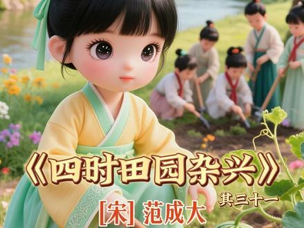 超暖!范成大《四时田园杂兴 · 其三十一》藏着童年的劳动梦 #启蒙早教 #诗词 #国学文化 #儿童动画 #语文
《四时田园杂兴六十首》是南宋诗人范成大致仕后隐居于故乡石湖时所写的大型田园组诗,创作于淳熙十三年(1186年)。
《四时田园杂兴六十首》分春日、晚春、夏日、秋日、冬日五部分,包括《春日田园杂兴》《晚春田园杂兴》《夏日田园杂兴》《秋日田园杂兴》《冬日田园杂兴》各12首,共60首。诗里描写了很多农村生活的细节,真实地反映了当时南宋农村的现实,也反映了农民的辛劳和疾苦。
《四时田园杂兴·其三十一》
原文
昼出耘田夜绩麻,村庄儿女各当家。
童孙未解供耕织,也傍桑阴学种瓜。
注释
耘田:除草。绩麻:把麻搓成线。各当家:每人担任一定的工作。未解:不懂。供:从事,参加。傍:靠近。
译文
白天在田里锄草,夜晚在家中搓麻线,村中男男女女各有各的家务劳动。小孩子虽然不会耕田织布,也在那桑树阴下学着种瓜。
背景
《四时田园杂兴》是诗人退居家乡后写的一组大型的田家诗,共六十首,描写农村春、夏、秋、冬四个季节的景色和农民的生活,同时也反映了农民遭受的剥削以及生活的困苦。