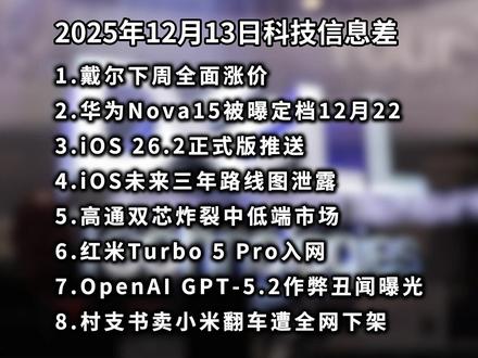2025年12月13日科技信息差 戴尔下周全面涨价|华为Nova15|iOS 26.2正式版—科技信息差#热点 #信息差 #戴尔 #华为Nova15 #iOS26