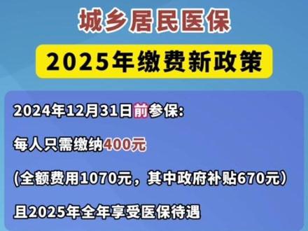 城乡居民医保 2025年缴费新政策。
2024年12月31日前参保:
每人只需缴纳400元,且2025年全年享受医保待遇。
2024年12月31日后参保:
每人需全额缴纳1070元,且等待三个月后才可享受医保报销。
2025年未参保:
医保断缴一年的,重新缴费后,在三个月等待期的基础上再加一个月,等于四个月不能使用。
医保连续断缴四年或四年以上的,重新缴费后,至少六个月等待期不能使用。