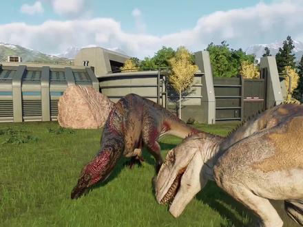 侏罗纪世界:南方巨兽龙追着霸王龙,暴打狂暴龙#游戏 #侏罗纪世界