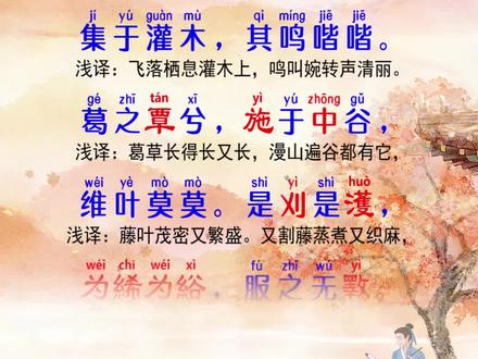 诗经第二篇:葛覃拼音释义版。葛之覃兮,施于中谷,维叶萋萋。诗经-国风-周南-葛覃。#诗经 #传统文化教育 #儿童启蒙 #古诗词 #幼儿国学启蒙