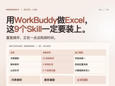 用WorkBuddy做Excel,必装的9个Skill,每天在用的表格处理必备,直接丢表格、输入指令就能处理,不用死记公式也能搞定。#WorkBuddy #AI助手 #workbuddy 必备 skill #Excel