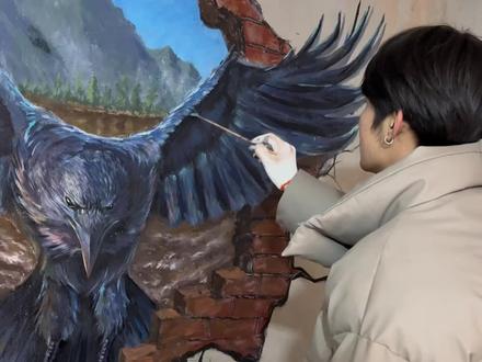 挑战用一幅画换一只渡鸦。#墙绘 #愿动物和人类和谐相处 #真实生活分享计划 #渡鸦 #交换美好