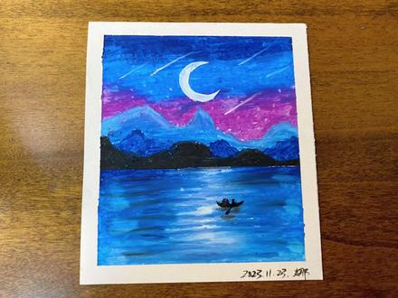 油画棒作品教程-流星与月亮
新手好驾驭的油画棒风景画快来一起画!
纸张:10乘以10
这次主要用到各种蓝色,天空用蓝色和紫色做一个渐变,再用不同的两种蓝画出两个层次的远山,再用黑色画出离得近的山,水面中间的余晖记得留出,月亮模版是自己画好,剪除镂空,就可以用了!
大胆的尝试,去画!#油画棒风景画 #跟着抖音学画画 #乱涂乱画系列 #一起学画画 #自学画画打卡