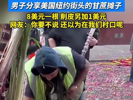 男子分享美国纽约街头的甘蔗摊子,8美元一根,削皮另加1美元。网友:你要不说 还以为在我们村口呢!#美国 #纽约