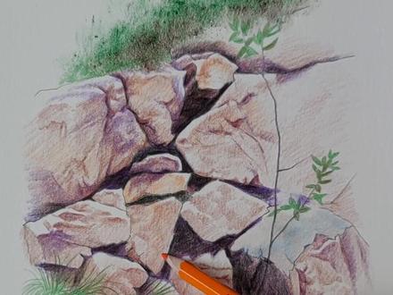 彩铅山石的画法,登高望远爬山去。#画画 #一起学画画 #风景画