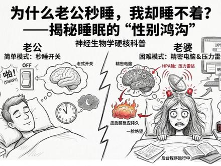 为什么老公秒睡,我却睡不着?——揭秘睡眠的“性别鸿沟” 脑科学研究告诉我们:男女的大脑在睡眠这件事上,出厂设置根本就不一样!
今天,我就带你拆解这个让无数女性抓狂的“睡眠性别鸿沟”。#睡眠质量