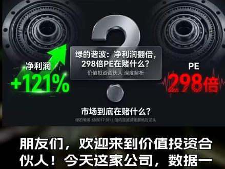 绿的谐波:净利润翻倍,298倍PE在赌什么? 净利润暴增121%,股价349元,PE接近300倍——绿的谐波到底值不值这个价?这期我们用两个剧本把这件事拆明白。乐观的一面:谐波减速器销量暴增72%,人形机器人赛道正在爆发,行星滚柱丝杠打开第二增长极,2026到2028年净利润复合增速有望超过40%。悲观的一面:毛利率从53%一路降到34%,同行PE平均才131倍,一旦人形机器人量产不及预期,298倍的估值就是悬在头上的达摩克利斯之剑。方向对不对?对。贵不贵?真贵。关键变量是什么?人形机器人的量产节奏。价值投资合伙人,用数据说话。 #绿的谐波 #谐波减速器 #人形机器人 #688017 #行星滚柱丝杠