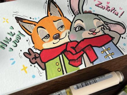 好喜欢好喜欢,尼克和朱迪#可爱简笔画 #疯狂动物城 #尼克和朱迪 #丙烯马克笔 #跟着抖音学画画