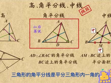 七年级,三角形的高、角平分线、中线。三线共点,垂心、内心、重心。