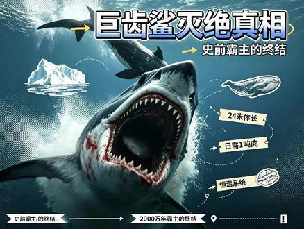史前海洋天花板:真正的深海死神巨齿鲨。 #科普 #动物科普 #古生物 #巨齿鲨 #神奇的动物在抖音