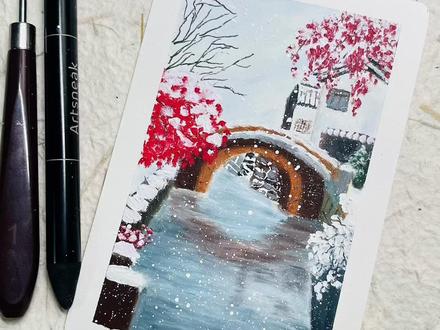 油画棒•桥畔红寒•详细教程 ❄️一朝江南雪,半梦醉人间#油画棒风景画 #艺术在抖音 #我的冬日雪中画 #节气插画 #油画棒教程