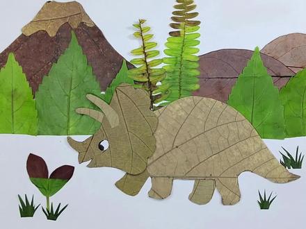 呆萌呆萌的三角龙谁不喜欢?没想到树叶贴的恐龙也可以这么可爱! #树叶帖画 #三角龙 #亲子手工