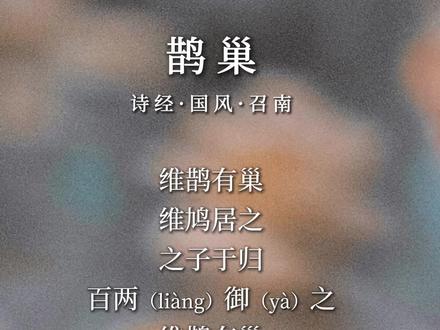 鹊 巢 维鹊有巢,维鸠居之。
之子于归,百两(liàng)御(yà)之。
维鹊有巢,维鸠方之。
之子于归,百两将之。
维鹊有巢,维鸠盈之。
之子于归,百两成之。
#读书 #诗经 #文学 #鹊巢 #阿摩读书