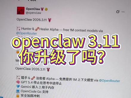 OpenClaw v2026.3.11 突发更新!不仅放出了限时免费的新模型让大家白嫖,还顺手修了一个能直接拿到最高权限的 WebSocket 高危漏洞 😅。一分钟带你从双重视角硬核拆解!你是更在意新模型,还是更在意安全补丁?评论区聊聊!👇#openclaw #龙虾 #AI