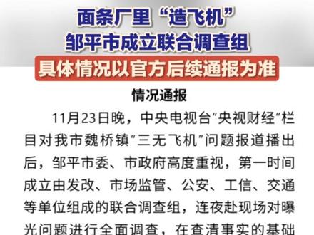 11月24日,针对滨州邹平市魏桥镇“三无飞机”问题,邹平连夜成立调查组。邹平市发展和改革局工作人员表示,昨晚已去现场调查,具体情况以官方后续通报为准。