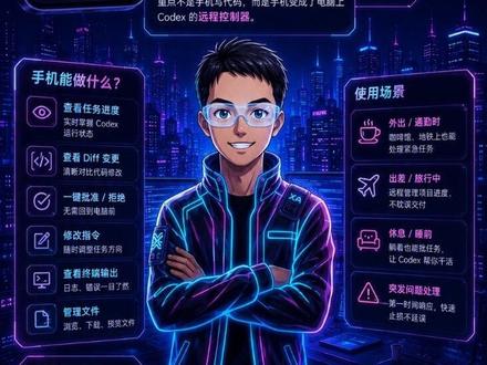 手机控制 Codex 有多爽? 以前用 Codex 跑任务,最麻烦的不是写代码,而是它跑到一半突然要你确认、批准、改方向。
现在手机也支持 Codex,你可以随时随地查看电脑上 Codex 的任务进度、看 diff、批操作、改指令。
重点不是手机写代码,而是手机变成了电脑上 Codex 的远程控制器。
#Codex #ChatGPT #AI编程 #AI工具 #程序员