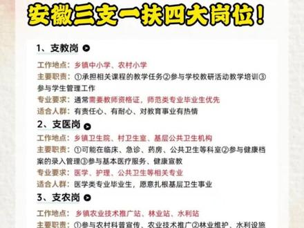 安徽三支一扶四大岗位! 预计四月份发布公告,各位考生和家长可以开始准备
#三支一扶 #安徽三支一扶 #安徽考公 #热点 #考公考编