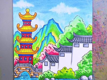 古风夏季风景画,简单有意境。#一起学画画 #儿童绘画