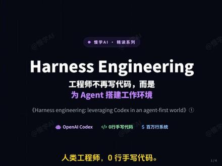 Harness Engineering-工程师不再写代码 #harness #软件工程师 #大模型开发 #ai应用开发 #agent openaiHarness Engineering-工程师不再写代码,而是设计agent的工作环境:openai《Harness engineering: leveraging Codex in an agent-first world》①